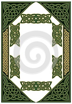 Intricate Celtic knot design frame featuring interwoven patterns in shades of green