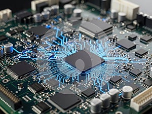 Intricate circuit board with central microprocessor and various electronic components