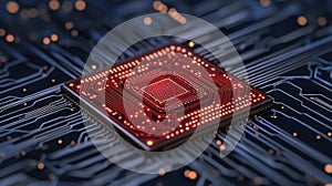 Intricate Circuit Board with Glowing Red Processor