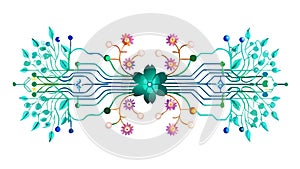 Intricate circuit network with glowing nodes, symbolizing AI and data. vector design Generative AI