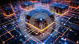 Concept of artificial intelligence, with circuit patterns, binary code, and a neural network structure