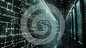 Intricate Circuit Patterns Illuminate a High-Tech Corridor in a Modern Data Center