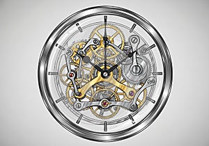 Intricate clock face with visible mechanical components featuring