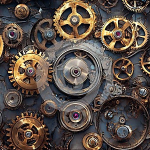 Intricate Clockwork Mechanism Seamless Pattern of Gears, Cogs, and Mechanical Components.