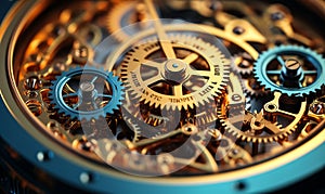 Intricate clockwork mechanism showcasing precision engineering with golden gears and cogs in close-up