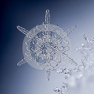 An intricate close-up of a snowflake showcases its hexagonal structure with delicate, symmetrical
