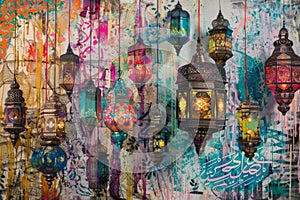 Intricate collage of colorful lanterns and Arabi adfdaefe suspended from the ceiling, An intricate collage of colorful lanterns photo