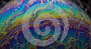 Intricate Colorful Soap Bubble Surface with Swirling Iridescent Patterns Creates a Mesmerizing Abstract Display of Light and