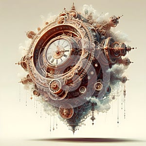 Intricate complex fractal clock timepiece floating illustration