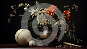 Intricate Composition Of White Flowers And Gold Vase photo