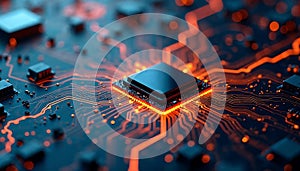Intricate computer microchip circuitry illuminated