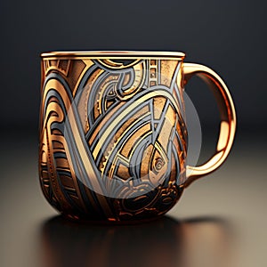 Intricate Copper Coffee Mug With Futurist Maori Art Design