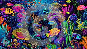An intricate coral reef teeming with luminous fish and sea creatures each one adding a vibrant pop of color to the