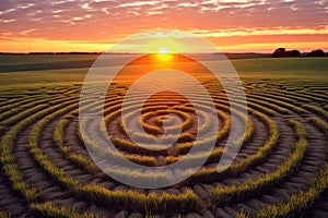 intricate crop circle patterns in a wheat field at sunrise