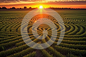 intricate crop circle patterns in a wheat field at sunrise