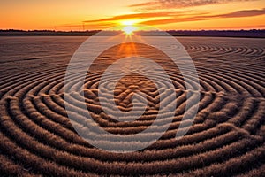 intricate crop circle patterns in a wheat field at sunrise