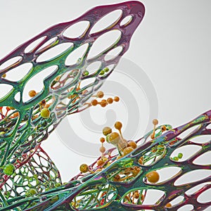 An intricate 3D abstract rendering featuring a web-like structure with an array of