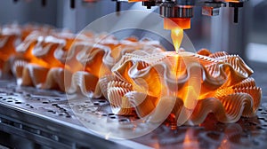 Intricate 3D printing process creating complex geometric designs in progress