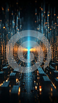 Intricate 3D visualization of the big data universe, entwined with binary code