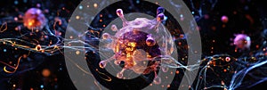 Intricate 3D visualization showing virus structure with capsid, spikes, RNA strands, and glowing molecular details photo