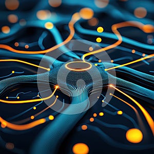 Intricate data network featuring interconnected nodes and flowing data lines in a high-tech environment