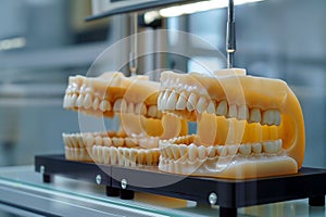An intricate dental 3D printer meticulously forms a full set of teeth, showcasing the integration of advanced technology