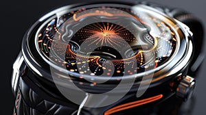 The intricate design of a brainwave monitor embedded into a watch face providing personalized stressreducing photo