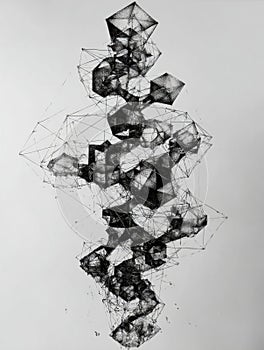 Abstract Black and White Geometric Structure Formed by Interconnected Shapes and Lines on a Light Background