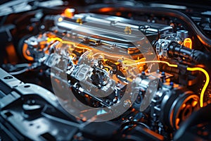 Intricate design of a high-performance engine reveals glowing components,