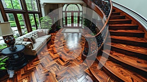 The intricate design of a new staircase railing featuring ornate ironwork and rich wood detailing becomes the focal photo