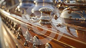 The intricate design of the polished brass and chrome fittings on the sailboat exudes a sense of refinement and opulence