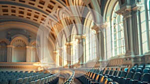 The intricate detailed architecture of a grand lecture hall with arched ceilings large windows and intricate molding photo