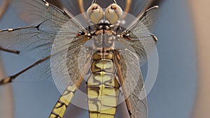 The intricate details of a dragonfly\'s wings up close.