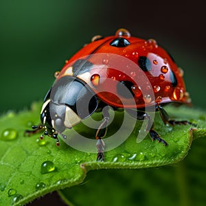 intricate details of ladybug on vibrant green leaf, Generative AI