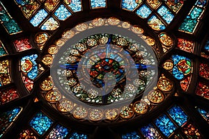 the intricate details of a stained glass window, casting a vibrant kaleidoscope of colors onto the interior of a seren