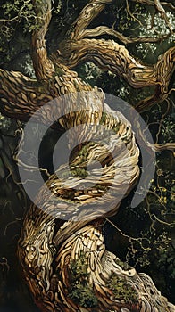 Intricate details of a twisted tree captured in a realism art style, highlighting its unique texture and form