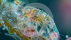 The intricate details of a water flea its miniature body adorned with jeweltoned hues and delicate appendages captured