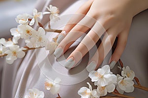 Intricate details of womans hands showcasing an elegant, neutral-toned manicure