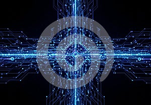 Intricate digital circuit pattern with a central intersection,
