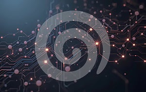 An intricate digital circuit pattern features interconnected lines and nodes,