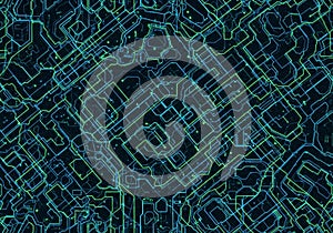 Intricate digital circuit pattern featuring interconnected lines and shapes in neon