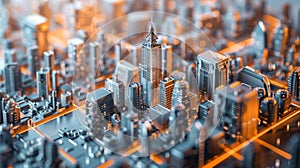 Intricate digital cityscape with glowing high-rises and circuitry paths