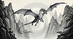 Intricate Dragon Drawing with Elegant Line Work and Detail photo