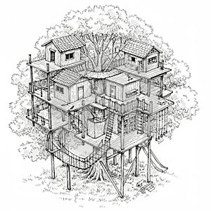 Intricate drawing of a multi-level treehouse structure built around a large tree,