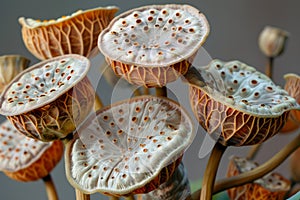 Intricate Dry Lotus Seed Pods Close up Shot on Neutral Background Ideal for Botanical Themes