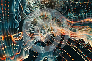 An intricate and dynamic visualization of massive information streams, complex graphs, and digital interfaces