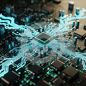 Intricate electronic circuit board with a central microprocessor. Numerous glowing