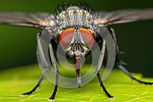 Intricate Encounter.A Magnified Moment of a Fly Alighting on a Leaf