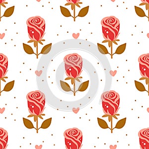 An intricate fabric of blooming hearts and delicate rose flower. Vector romantic cute illustrated seamless pattern