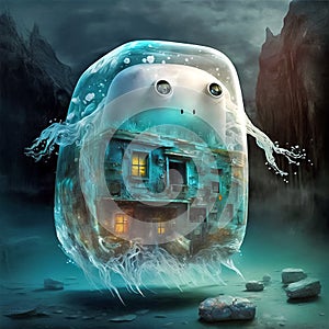 Intricate fantasy surreal illustration with a ghost house